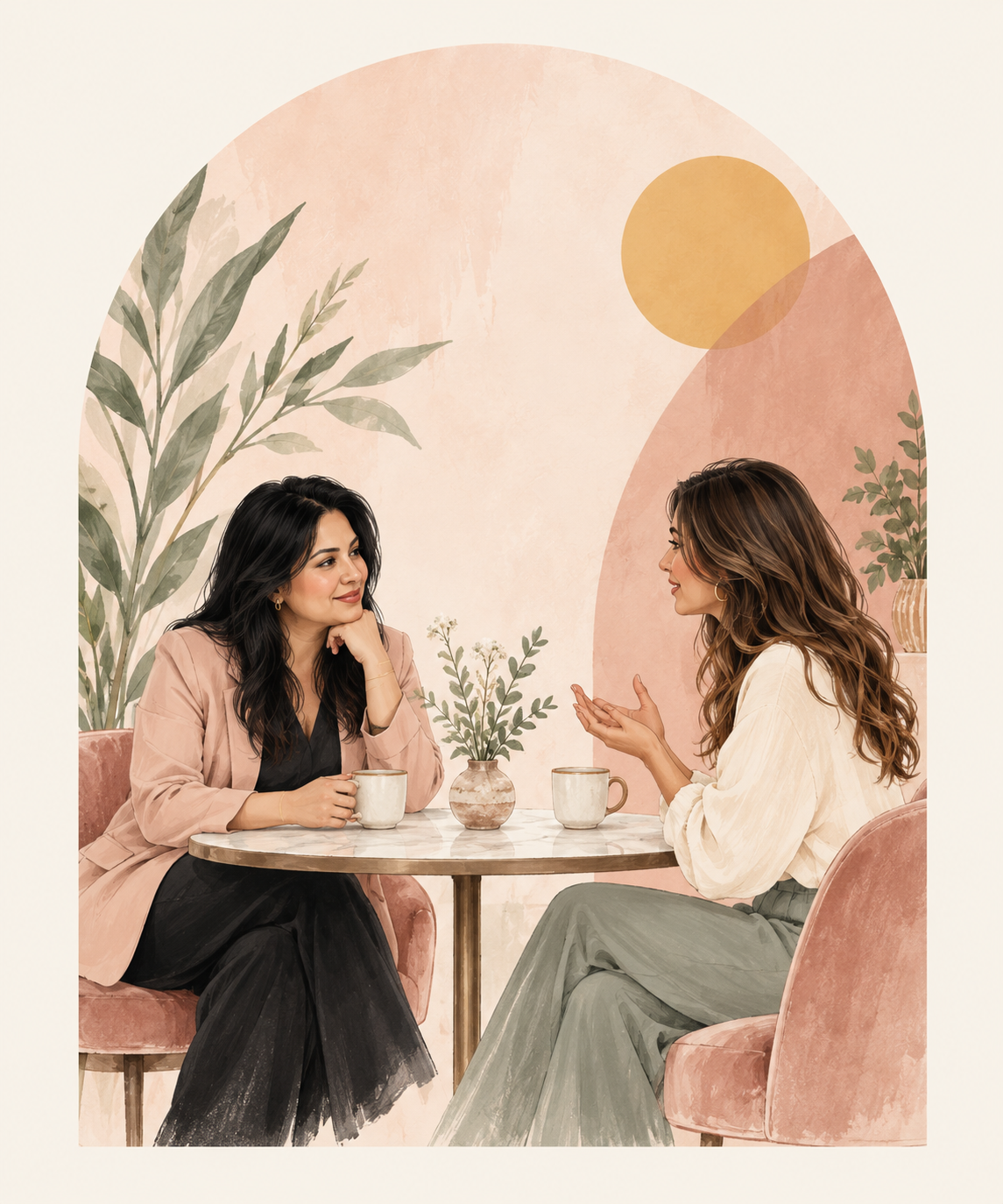 Two women sharing a thoughtful conversation over coffee